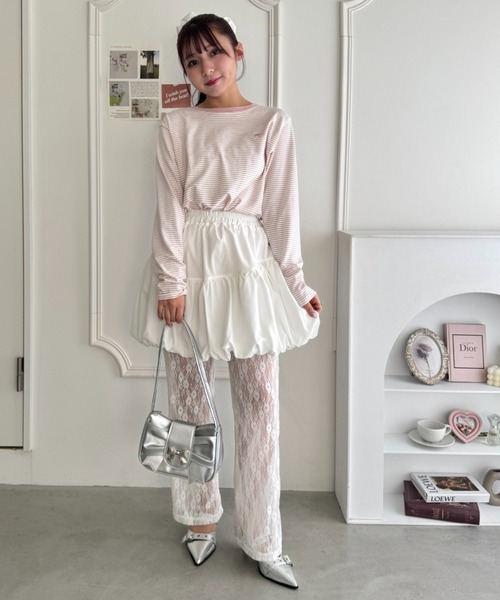 Loueme(ルエム)の「リボン刺繍ワンポイントボーダーロンT(Tシャツ/カットソー・レディース・ホワイト/ピンク/アイボリー/ブラック・FREE)」の11枚目の写真