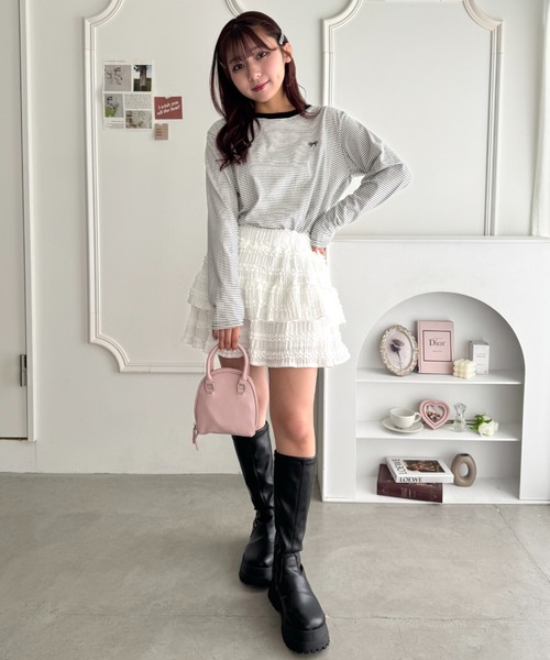 Loueme(ルエム)の「リボン刺繍ワンポイントボーダーロンT(Tシャツ/カットソー・レディース・ホワイト/ピンク/アイボリー/ブラック・FREE)」の17枚目の写真