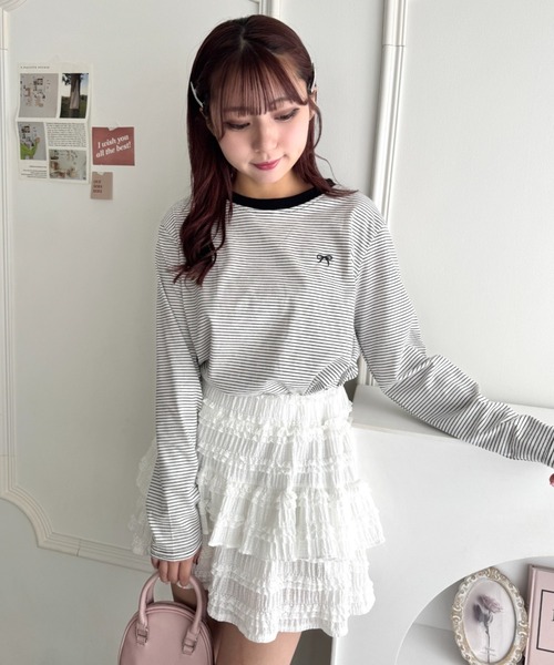 Loueme(ルエム)の「リボン刺繍ワンポイントボーダーロンT(Tシャツ/カットソー・レディース・ホワイト/ピンク/アイボリー/ブラック・FREE)」の15枚目の写真