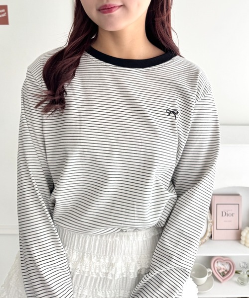 Loueme(ルエム)の「リボン刺繍ワンポイントボーダーロンT(Tシャツ/カットソー・レディース・ホワイト/ピンク/アイボリー/ブラック・FREE)」の12枚目の写真