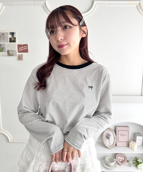 Loueme(ルエム)の「リボン刺繍ワンポイントボーダーロンT(Tシャツ/カットソー・レディース・ホワイト/ピンク/アイボリー/ブラック・FREE)」の13枚目の写真