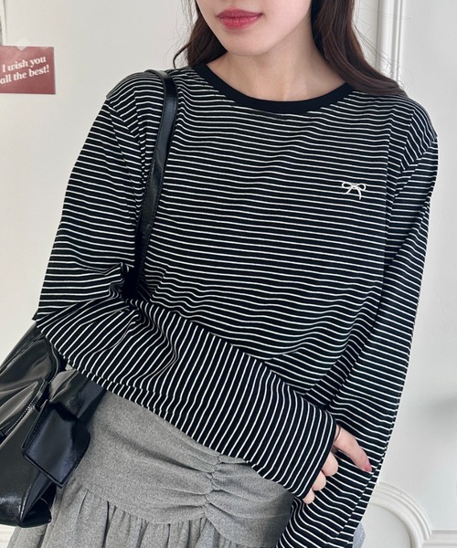 Loueme(ルエム)の「リボン刺繍ワンポイントボーダーロンT(Tシャツ/カットソー・レディース・ホワイト/ピンク/アイボリー/ブラック・FREE)」の20枚目の写真