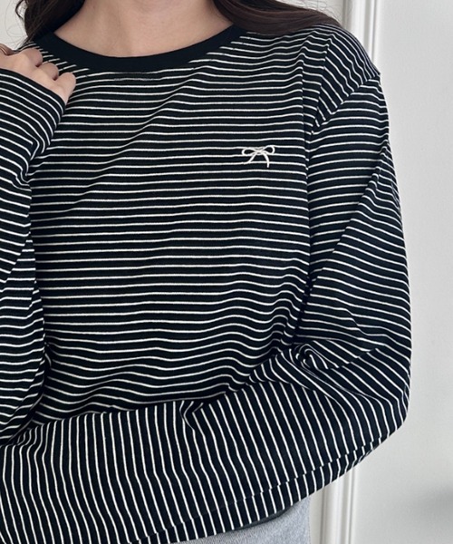 Loueme(ルエム)の「リボン刺繍ワンポイントボーダーロンT(Tシャツ/カットソー・レディース・ホワイト/ピンク/アイボリー/ブラック・FREE)」の19枚目の写真