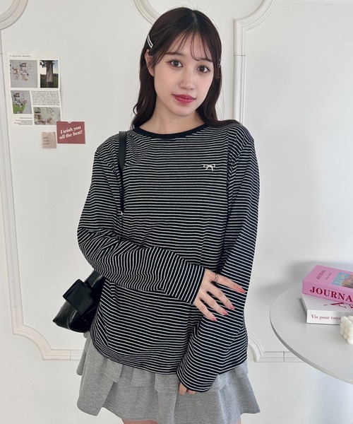 Loueme(ルエム)の「リボン刺繍ワンポイントボーダーロンT(Tシャツ/カットソー・レディース・ホワイト/ピンク/アイボリー/ブラック・FREE)」の22枚目の写真
