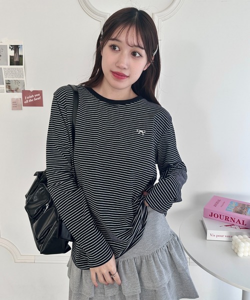 Loueme(ルエム)の「リボン刺繍ワンポイントボーダーロンT(Tシャツ/カットソー・レディース・ホワイト/ピンク/アイボリー/ブラック・FREE)」の21枚目の写真