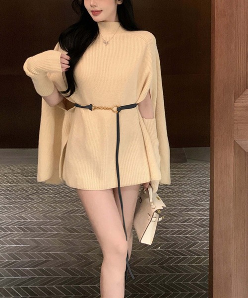 Jasmine Grandiflorum（ジャスミングランディフローラム）の「【Jasmine】タートルネックニットケープ変形プルオーバー（ポンチョ・レディース・ブラック/グレイッシュベージュ/ホワイト・FREE）」の7枚目の写真