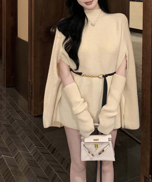 Jasmine Grandiflorum（ジャスミングランディフローラム）の「【Jasmine】タートルネックニットケープ変形プルオーバー（ポンチョ・レディース・ブラック/グレイッシュベージュ/ホワイト・FREE）」の9枚目の写真
