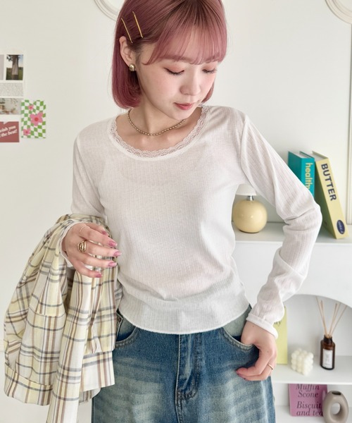SOLLON.(ソルロン)の「レース付き長袖インナートップス(Tシャツ/カットソー・レディース・ホワイト/ブラック/アイボリー・FREE)」の7枚目の写真