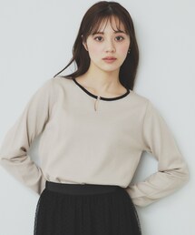 バイカラーキーネックニット【洗濯機洗い可】