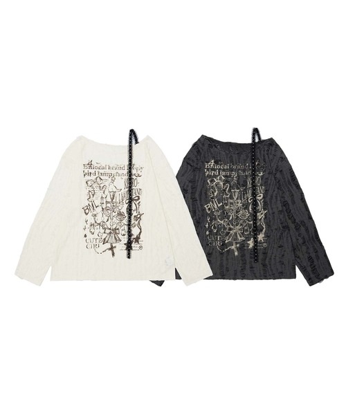 HOOK（フック）の「【HOOK】for　girls　リボンプリントオープンショルダートップス（Tシャツ/カットソー・レディース・ベージュ/ダークグレー・MEDIUM/SMALL）」の3枚目の写真
