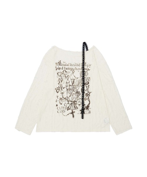 HOOK（フック）の「【HOOK】for　girls　リボンプリントオープンショルダートップス（Tシャツ/カットソー・レディース・ベージュ/ダークグレー・MEDIUM/SMALL）」の7枚目の写真