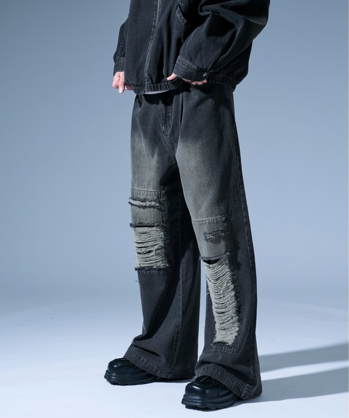 Ellno Loset（エルノロゼット）の「オーバーダイダメージワイドデニムパンツ/SET UP対応（デニムパンツ・メンズ・ブラック/ブラック×レッド・SMALL/MEDIUM/LARGE）」の3枚目の写真