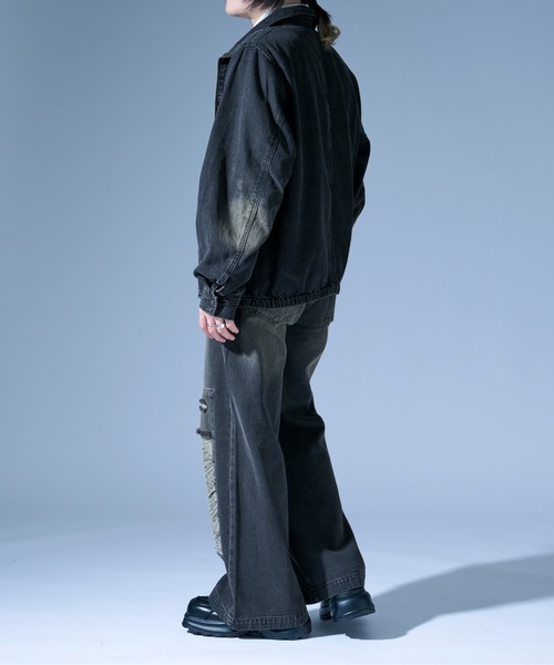 Ellno Loset（エルノロゼット）の「オーバーダイダメージワイドデニムパンツ/SET UP対応（デニムパンツ・メンズ・ブラック/ブラック×レッド・SMALL/MEDIUM/LARGE）」の14枚目の写真