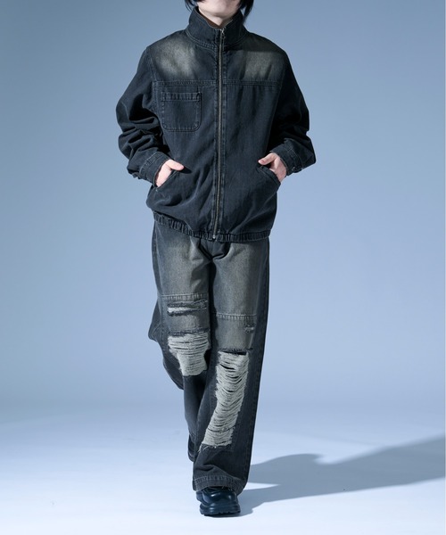 Ellno Loset（エルノロゼット）の「オーバーダイダメージワイドデニムパンツ/SET UP対応（デニムパンツ・メンズ・ブラック/ブラック×レッド・SMALL/MEDIUM/LARGE）」の15枚目の写真