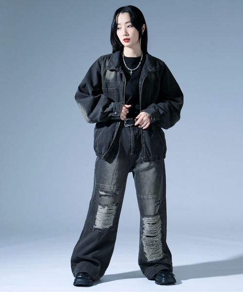 Ellno Loset（エルノロゼット）の「オーバーダイダメージワイドデニムパンツ/SET UP対応（デニムパンツ・メンズ・ブラック/ブラック×レッド・SMALL/MEDIUM/LARGE）」の11枚目の写真