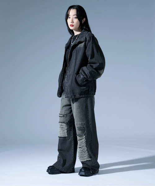 Ellno Loset（エルノロゼット）の「オーバーダイダメージワイドデニムパンツ/SET UP対応（デニムパンツ・メンズ・ブラック/ブラック×レッド・SMALL/MEDIUM/LARGE）」の12枚目の写真