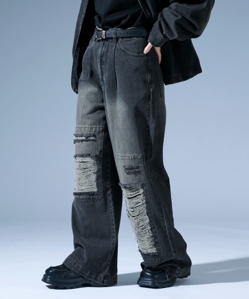 Ellno Loset（エルノロゼット）の「オーバーダイダメージワイドデニムパンツ/SET UP対応（デニムパンツ・メンズ・ブラック/ブラック×レッド・SMALL/MEDIUM/LARGE）」の9枚目の写真