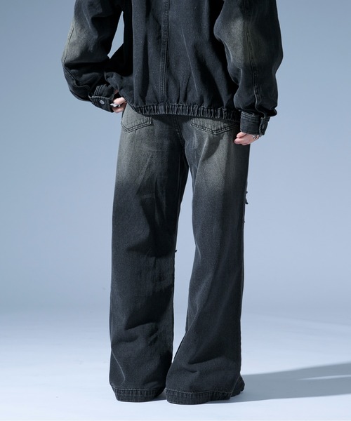 Ellno Loset（エルノロゼット）の「オーバーダイダメージワイドデニムパンツ/SET UP対応（デニムパンツ・メンズ・ブラック/ブラック×レッド・SMALL/MEDIUM/LARGE）」の10枚目の写真