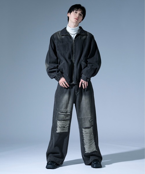 Ellno Loset（エルノロゼット）の「オーバーダイダメージワイドデニムパンツ/SET UP対応（デニムパンツ・メンズ・ブラック/ブラック×レッド・SMALL/MEDIUM/LARGE）」の5枚目の写真