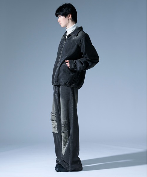 Ellno Loset（エルノロゼット）の「オーバーダイダメージワイドデニムパンツ/SET UP対応（デニムパンツ・メンズ・ブラック/ブラック×レッド・SMALL/MEDIUM/LARGE）」の6枚目の写真