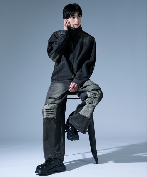 Ellno Loset（エルノロゼット）の「オーバーダイダメージワイドデニムパンツ/SET UP対応（デニムパンツ・メンズ・ブラック/ブラック×レッド・SMALL/MEDIUM/LARGE）」の8枚目の写真