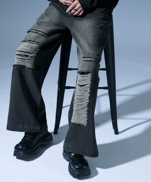 Ellno Loset（エルノロゼット）の「オーバーダイダメージワイドデニムパンツ/SET UP対応（デニムパンツ・メンズ・ブラック/ブラック×レッド・SMALL/MEDIUM/LARGE）」の7枚目の写真