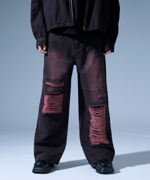 Ellno Loset（エルノロゼット）の「オーバーダイダメージワイドデニムパンツ/SET UP対応（デニムパンツ・メンズ・ブラック/ブラック×レッド・SMALL/MEDIUM/LARGE）」の17枚目の写真