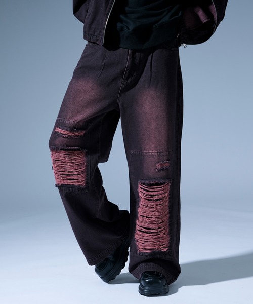 Ellno Loset（エルノロゼット）の「オーバーダイダメージワイドデニムパンツ/SET UP対応（デニムパンツ・メンズ・ブラック/ブラック×レッド・SMALL/MEDIUM/LARGE）」の19枚目の写真