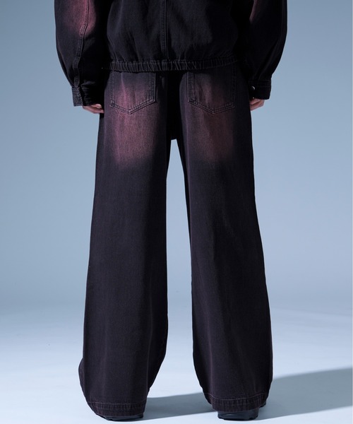 Ellno Loset（エルノロゼット）の「オーバーダイダメージワイドデニムパンツ/SET UP対応（デニムパンツ・メンズ・ブラック/ブラック×レッド・SMALL/MEDIUM/LARGE）」の20枚目の写真