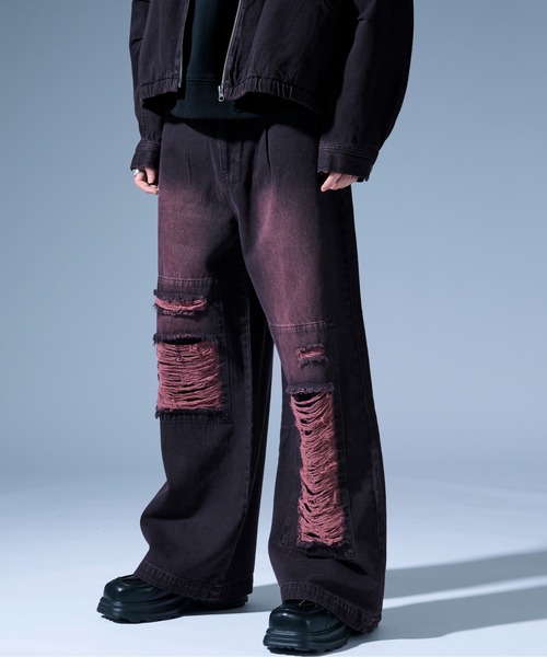 Ellno Loset（エルノロゼット）の「オーバーダイダメージワイドデニムパンツ/SET UP対応（デニムパンツ・メンズ・ブラック/ブラック×レッド・SMALL/MEDIUM/LARGE）」の21枚目の写真