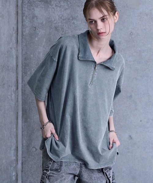 SERACE】Vintage design loose chemical short sleeve half zip