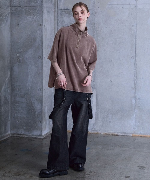 SERACE】Vintage design loose chemical short sleeve half zip