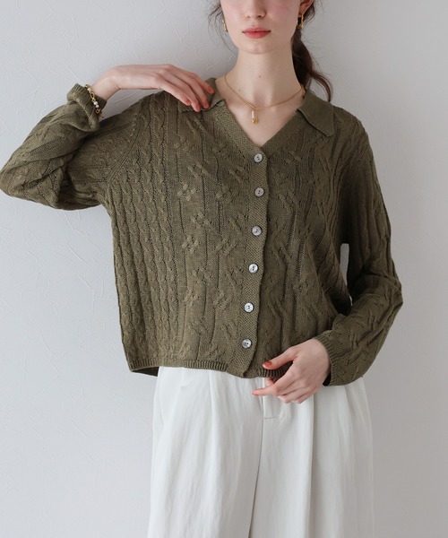 セール】襟付き透かし編みニットカーディガン（カーディガン/ボレロ