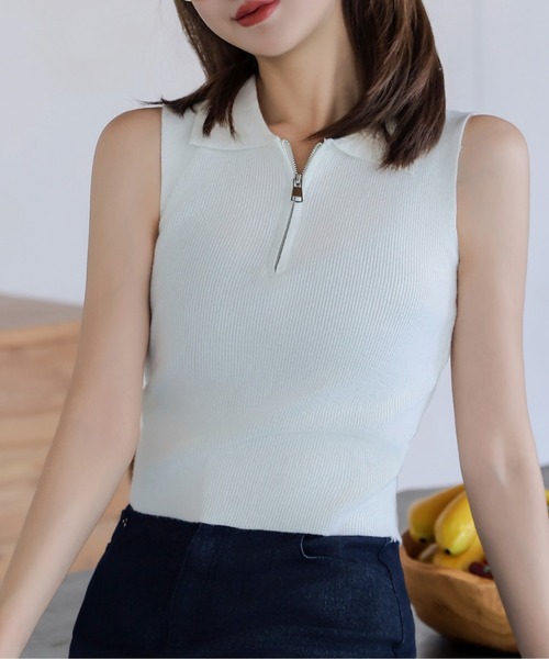 FINEnough（ファインナフ）の「ハーフジップリブニットノースリトップス（ニット/セーター・レディース・ベージュ/ブラック/ホワイト・FREE）」の2枚目の写真