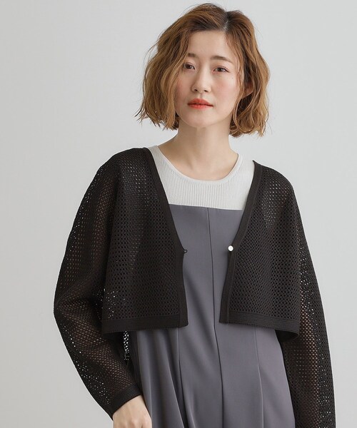 シーニュ　バルーンスリーブ　ポワンカーディガン ブラック✕ホワイト　サイズ0 cussil/クシル】モヘアライクヘビーニット バルーンワイド