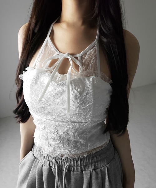 me+em select(ミームセレクト)の「【 2color 】フロントリボンホルターレースキャミソール / front ribbon halter lace camisole(その他トップス・レディース・ブラック/ホワイト・FREE)」の9枚目の写真