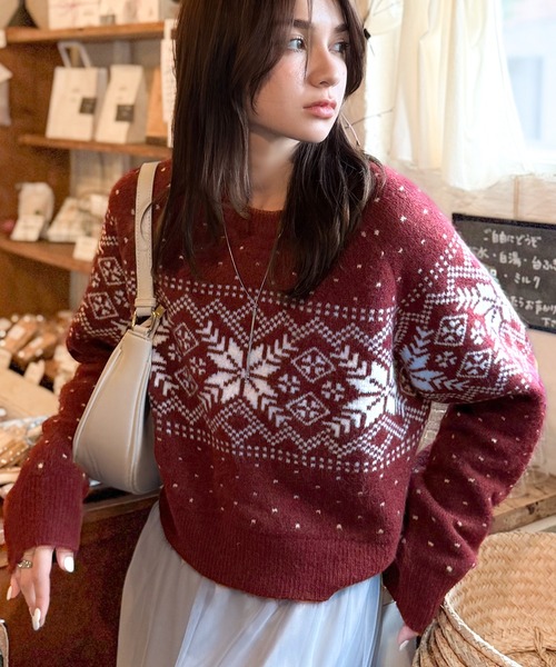 mily bilet(ミウィビレット)の「【mily bilet】レトロ可愛く紡ぐ、冬物語。ノルディックドット柄ニットプルオーバー(長袖)(ニット/セーター・レディース・レッド/チャコールグレー/アイボリー・X-LARGE/SMALL/MEDIUM/LARGE)」の21枚目の写真