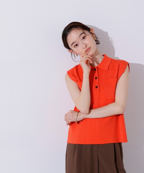 N.（N. Natural Beauty Basic）（エヌエヌナチュラルビューティーベーシック）の「ラメ混ポロエリニット（ポロシャツ・レディース・オレンジ/ブルー/オフホワイト・MEDIUM）」の6枚目の写真