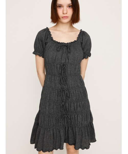 SLY(スライ)の「GATHER RIBBON CUT S/OP ギャザー リボン カット ショートワンピース 夏服 半袖(ワンピース・レディース・ブラウン/杢グレー/ブラック・FREE)」の1枚目の写真