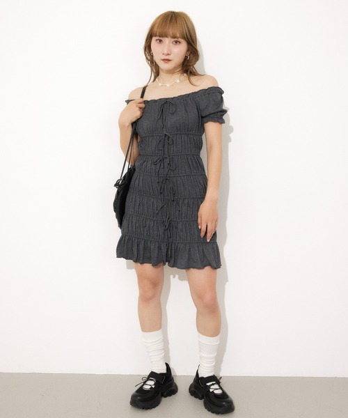 SLY(スライ)の「GATHER RIBBON CUT S/OP ギャザー リボン カット ショートワンピース 夏服 半袖(ワンピース・レディース・ブラウン/杢グレー/ブラック・FREE)」の6枚目の写真