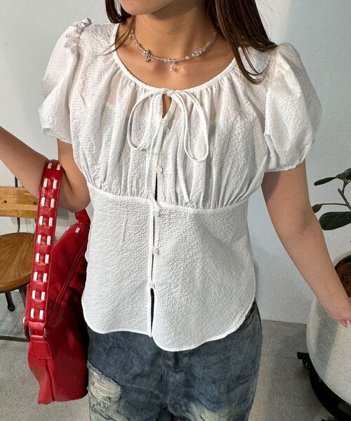 CIAOPANIC（チャオパニック）の「【neutral】パフスリーブリボンブラウス（シャツ/ブラウス・レディース・ネイビー/ピンク/ホワイト・FREE）」の5枚目の写真