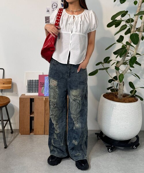 CIAOPANIC（チャオパニック）の「【neutral】パフスリーブリボンブラウス（シャツ/ブラウス・レディース・ネイビー/ピンク/ホワイト・FREE）」の7枚目の写真