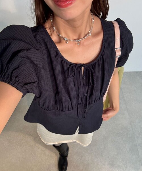 CIAOPANIC（チャオパニック）の「【neutral】パフスリーブリボンブラウス（シャツ/ブラウス・レディース・ネイビー/ピンク/ホワイト・FREE）」の15枚目の写真