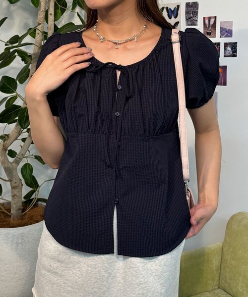 CIAOPANIC（チャオパニック）の「【neutral】パフスリーブリボンブラウス（シャツ/ブラウス・レディース・ネイビー/ピンク/ホワイト・FREE）」の18枚目の写真