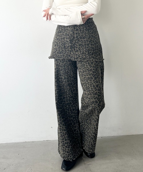 セール】スカートレイヤードレオパードデニムパンツ（デニム