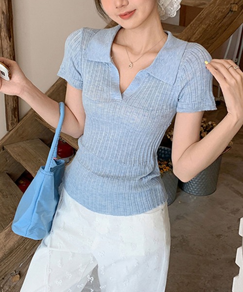 Doula Doula(ドゥーラドゥーラ)の「スキッパー切り替えリブ半袖ニット(ニット/セーター・レディース・ブルー/ブラック/パープル/ホワイト・FREE)」の3枚目の写真