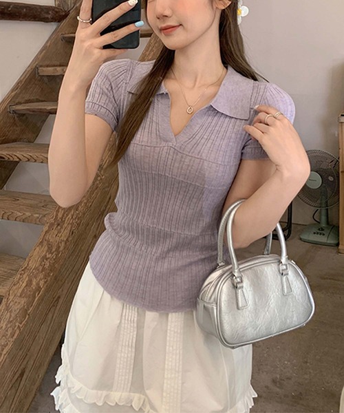 Doula Doula(ドゥーラドゥーラ)の「スキッパー切り替えリブ半袖ニット(ニット/セーター・レディース・ブルー/ブラック/パープル/ホワイト・FREE)」の19枚目の写真
