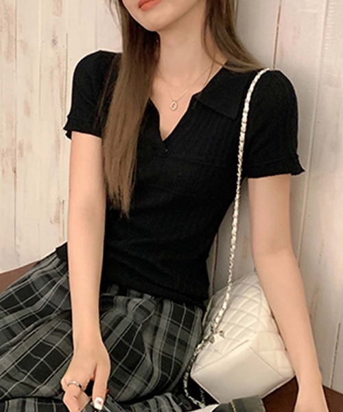 Doula Doula(ドゥーラドゥーラ)の「スキッパー切り替えリブ半袖ニット(ニット/セーター・レディース・ブルー/ブラック/パープル/ホワイト・FREE)」の8枚目の写真