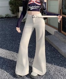 ベルト付きフレアデニムパンツ