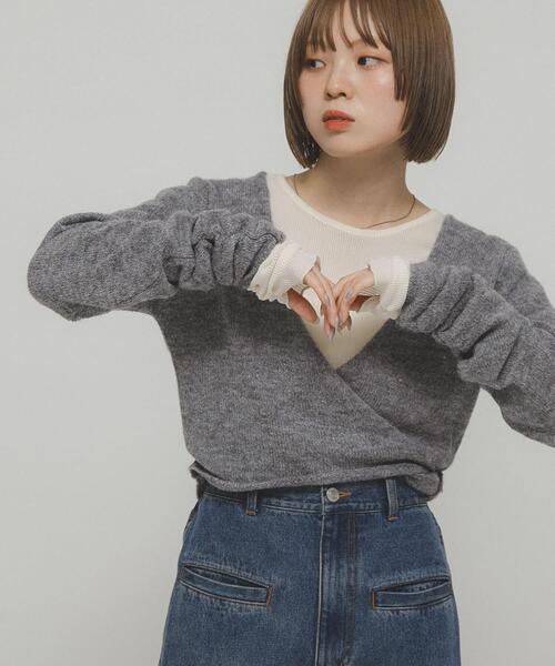 H BEAUTY&YOUTH ベロア シャーリングスリーブカットソー H